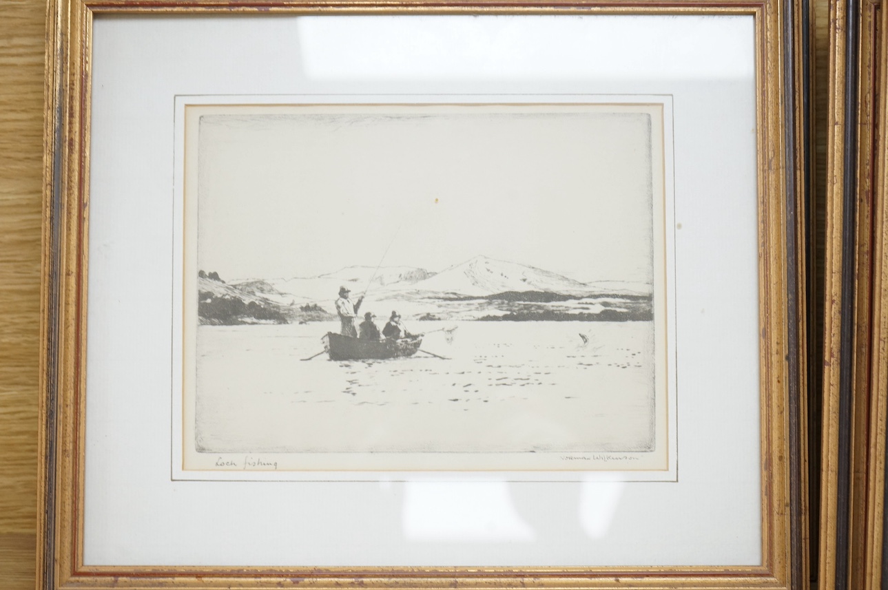 Norman Wilkinson (1878-1971), set of four etchings, to include: ‘Loch fishing’, 'A likely cast' and ‘Shepherd's pool’, each signed in pencil, 15 x 21cm. Condition - fair